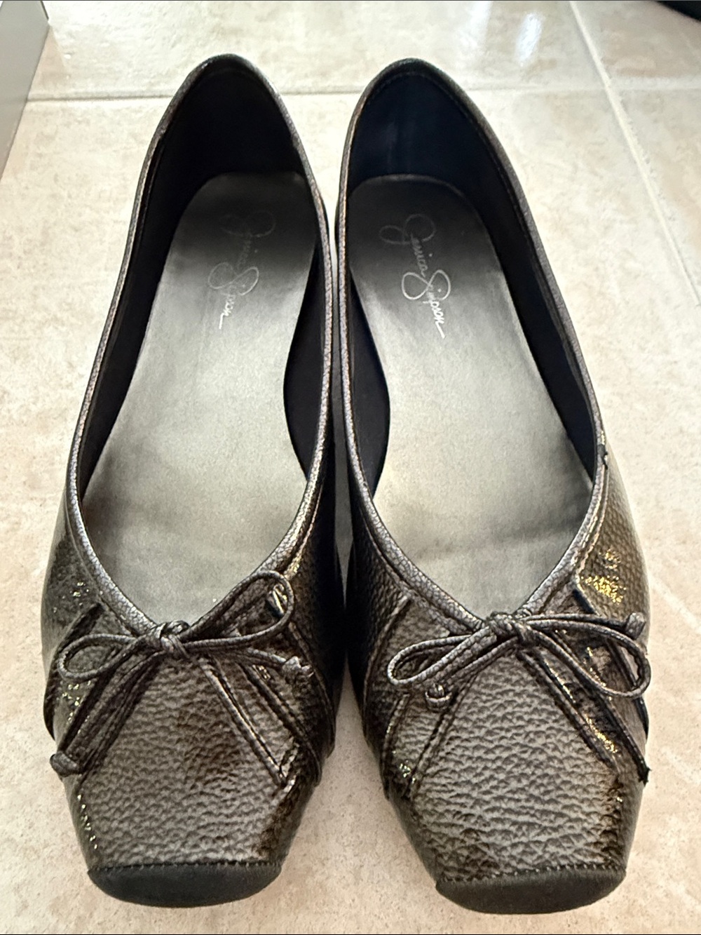 Jessica Simpson Dark Silver Metallic Textured Ballet Flats with Bow Accent